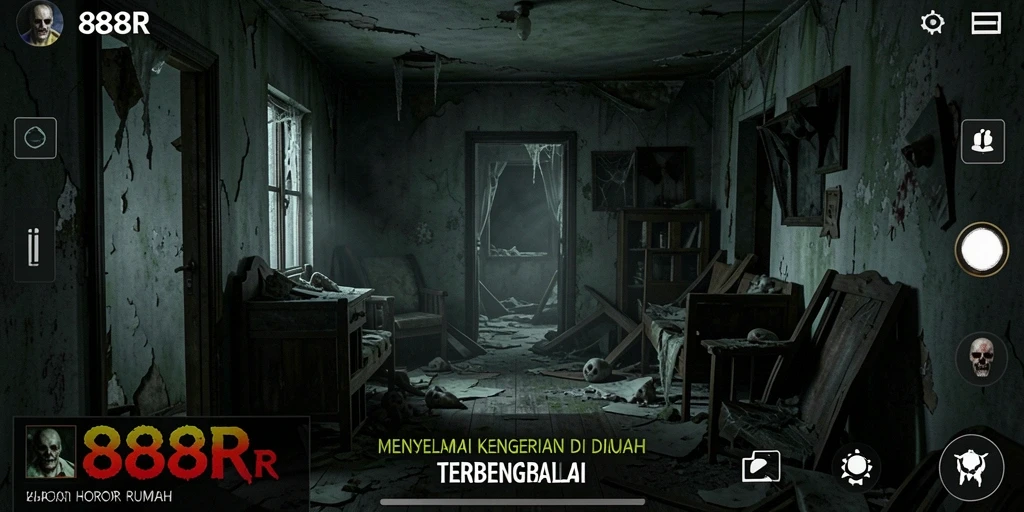 Antarmuka permainan horor atmosfir rumah tua yang mencekam.