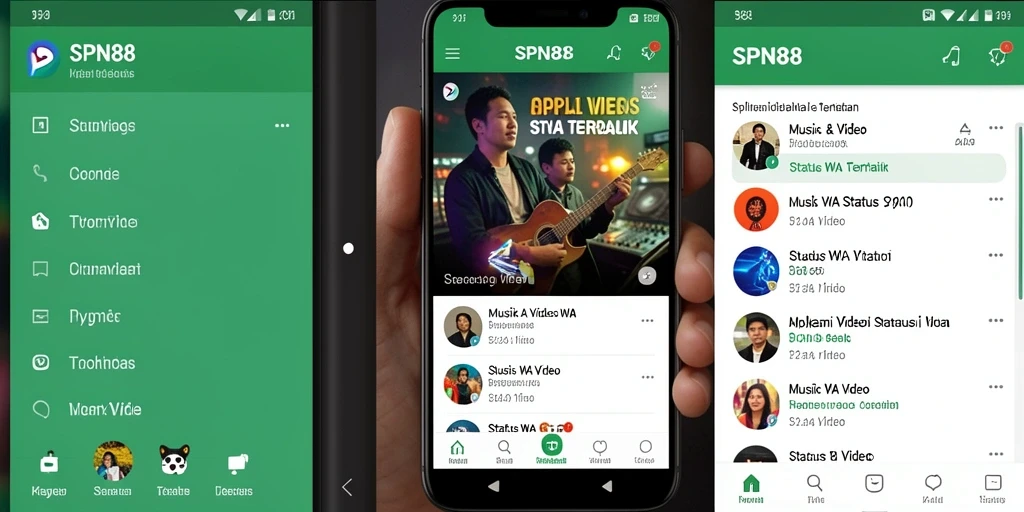 Tampilan antarmuka SPN88 dengan berbagai pilihan video status yang menarik.