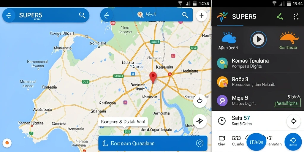 Tampilan utama aplikasi SUPER5 dengan fungsi Kompas Digital yang intuitif.